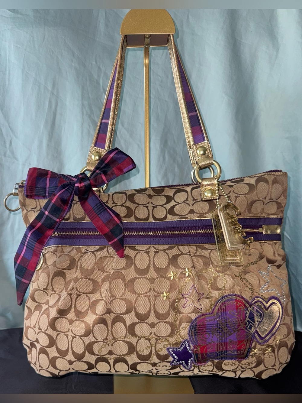 Coach Brown Signature Canvas Tote with Purple Trim & Gold Tone Hardware